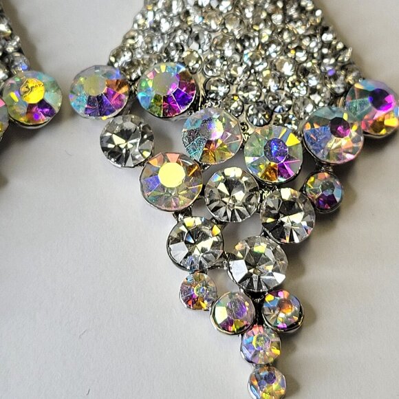 Iridescent Long Crystal Earrings with Aurora Borealis Rhinestone Silver Earrings - Picture 4 of 9